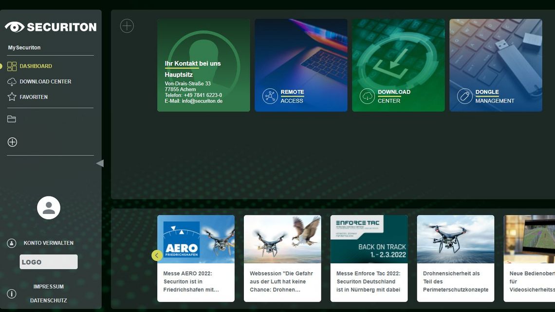 Ein Screenshot vom Dashboards des Serviceportals mySecuriton