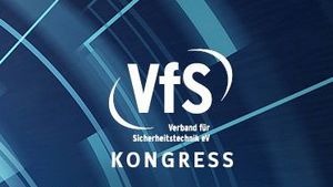 Das Logo des VfS - Verband für Sicherheitstechnik e.V. mit dem Zusatz "Kongress" auf einem blauem Hintegrund.