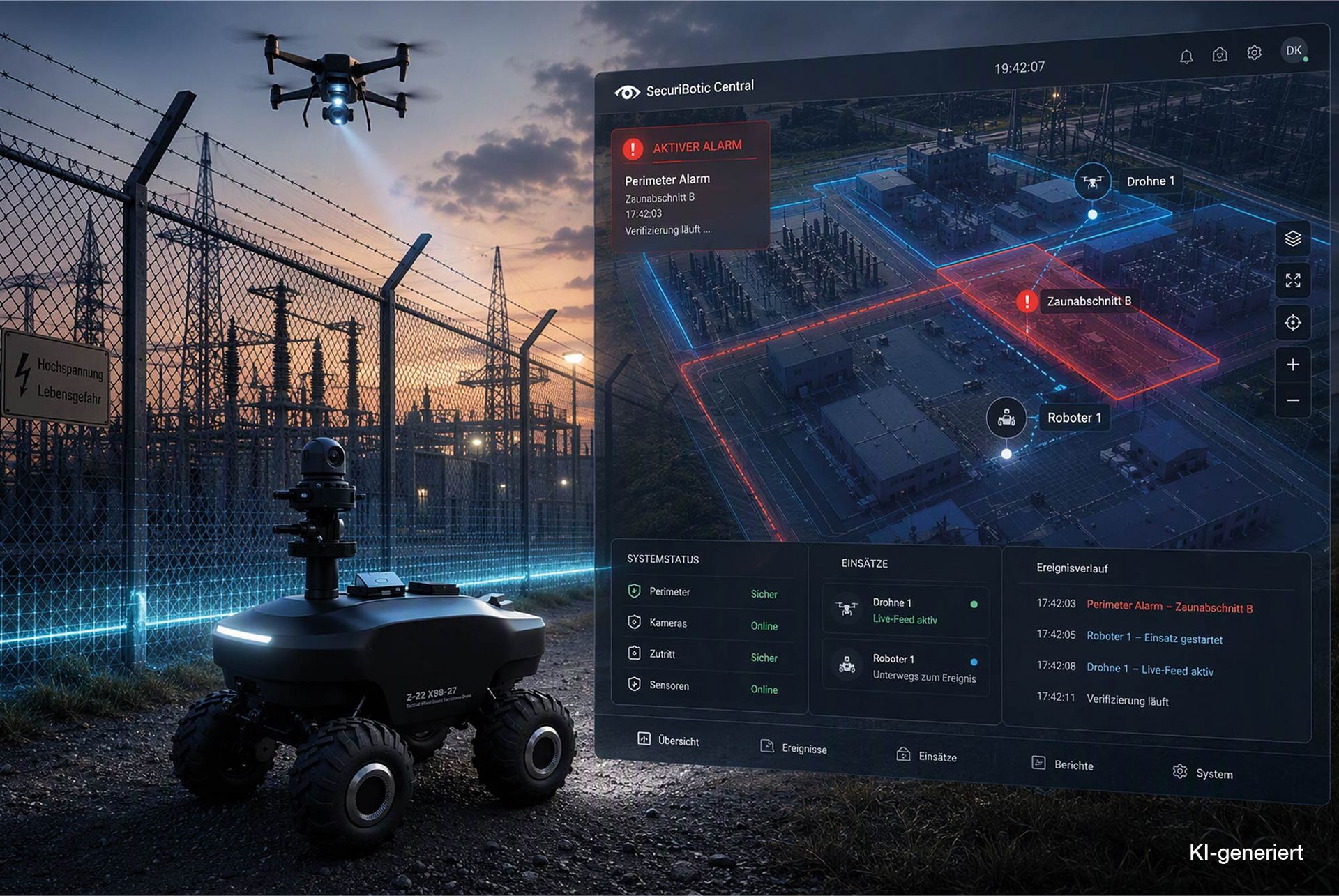 KI-generierte Visualisierung eines Sicherheitskonzepts für Kritische Infrastrukturen: Ein mobiler Sicherheitsroboter ("mobiler Wachmann") und eine Drohne unterstützen die Überwachung eines Umspannwerks. Über SecuriBotic Central werden Alarme automatisiert verifiziert und in einem zentralen Lagebild dargestellt.