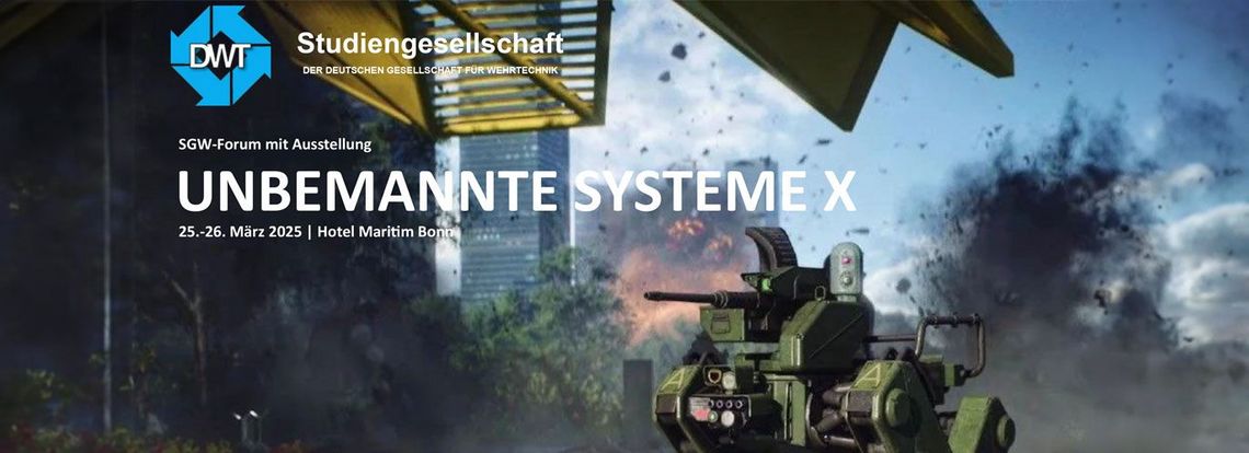 Banner DWT unbemannte Systeme: Auf dem Banner sind das Logo und die Veranstaltungsdetails zu sehen. Im Vordergrund sieht man einen unbemannten Mini-Panzer und im Hintegrund ein Schlachtfeld.