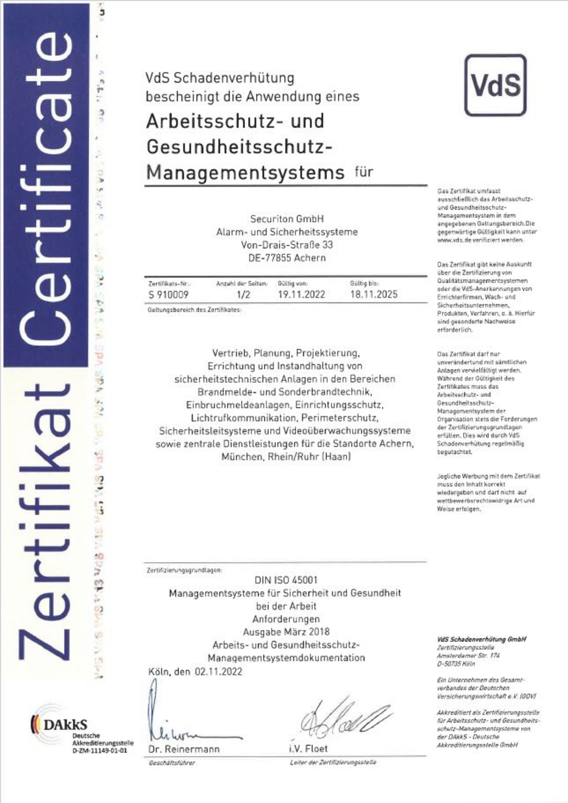 Zertifikat: Arbeitsschutz- und Gesundheitsschutz-Managementsystem für Securiton GmbH in Achern