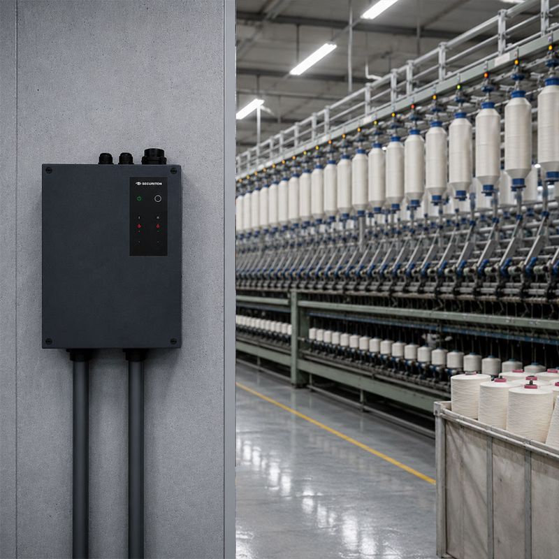 Das SecuriSmoke ASD 2000 ist links an einer Wand platziert. Rechts daneben, sieht man eine Textilindustrie, welche vom SecuriSmoke ASD 2000 überwacht wird.