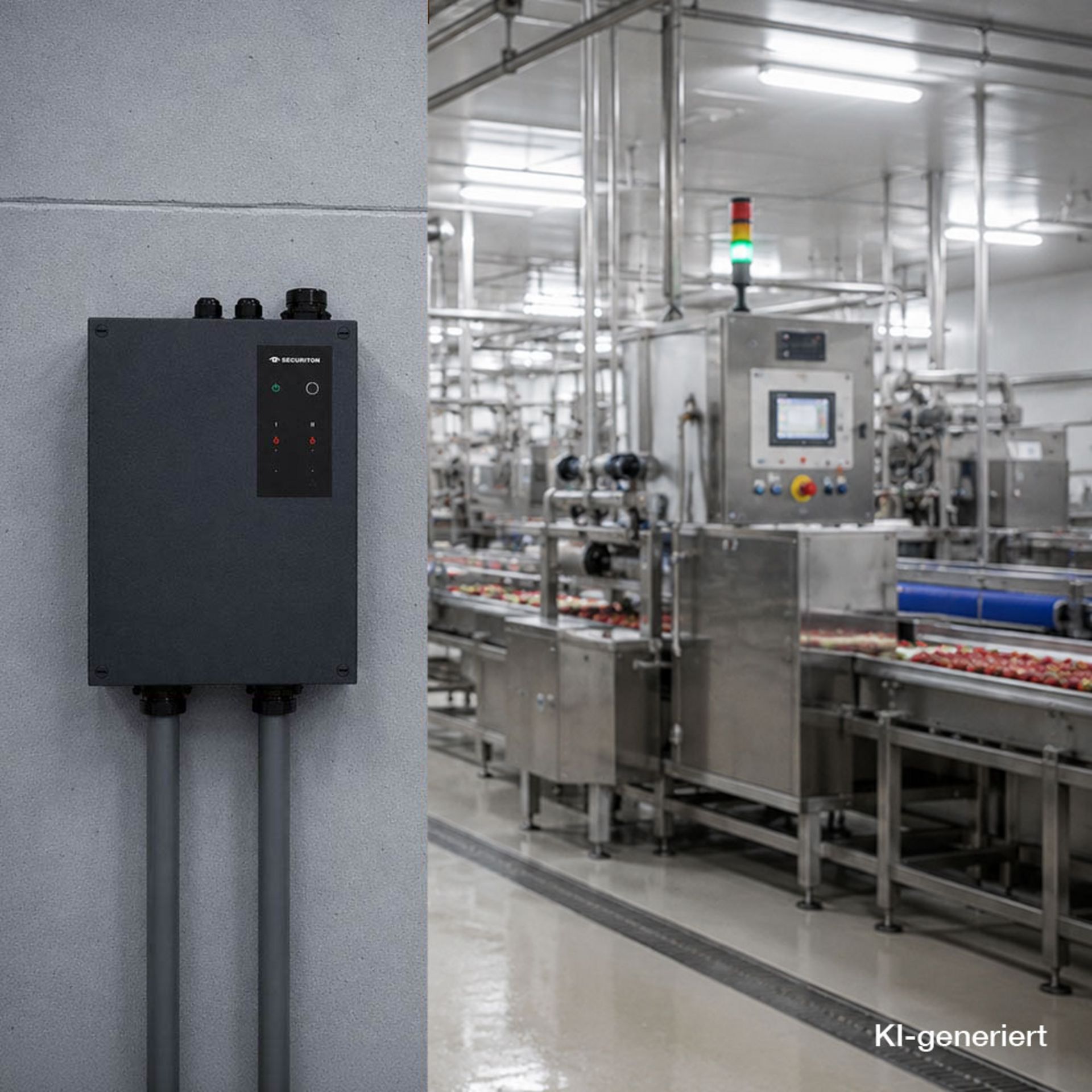 KI-generiertes Bild einer Lebensmittelproduktion. Links im Vordergrund ist der Ansaugrauchmelder SecuriSmoke ASD 2000 von Securiton Deutschland installiert, im Hintergrund sind automatisierte Produktionsanlagen zu sehen.
