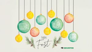 Die Icons unserer Produktbereiche hängen als Weihnachtskugeln von oben runter. Unten mittig steht "Frohes Fest" und rechts unten ist das Securiton Logo zu sehen.