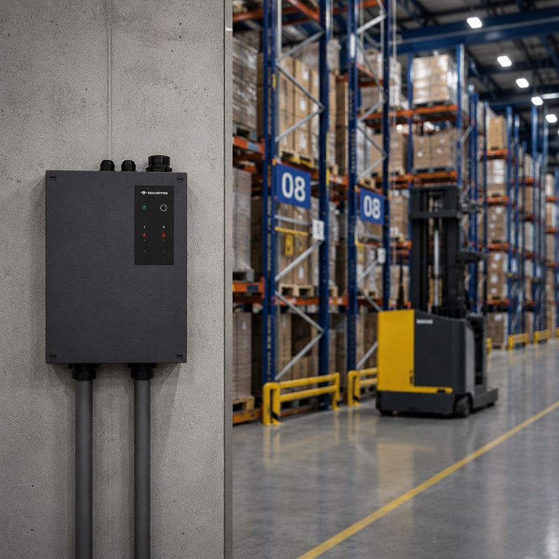 Das SecuriSmoke ASD 2000 ist links an einer Wand platziert. Rechts daneben, sieht man eine Lagerhalle, welche vom SecuriSmoke ASD 2000 überwacht wird.