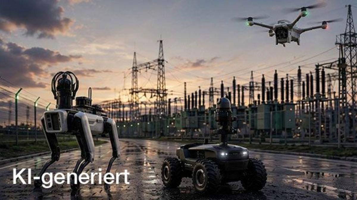 KI-generierte Darstellung eines autonomen Bodenroboters, eines vierbeinigen Roboters und einer Drohne bei der Überwachung eines Umspannwerks. Das Bild visualisiert den Einsatz mobiler Robotik im Perimeter- und Objektschutz.