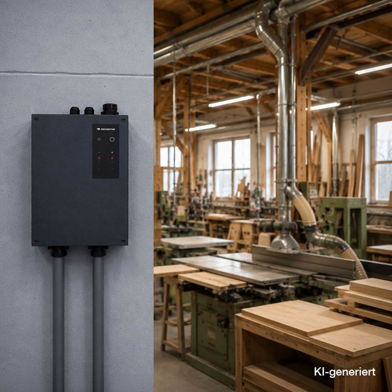 KI-generierte Darstellung einer Schreinerei bzw. Holzverarbeitung. Im Vordergrund links ist der Ansaugrauchmelder SecuriSmoke ASD 2000 von Securiton Deutschland zu sehen. Das System ermöglicht die frühzeitige Erkennung von Schwelbränden und Rauchpartikeln und eignet sich besonders für Umgebungen mit erhöhtem Brandrisiko.