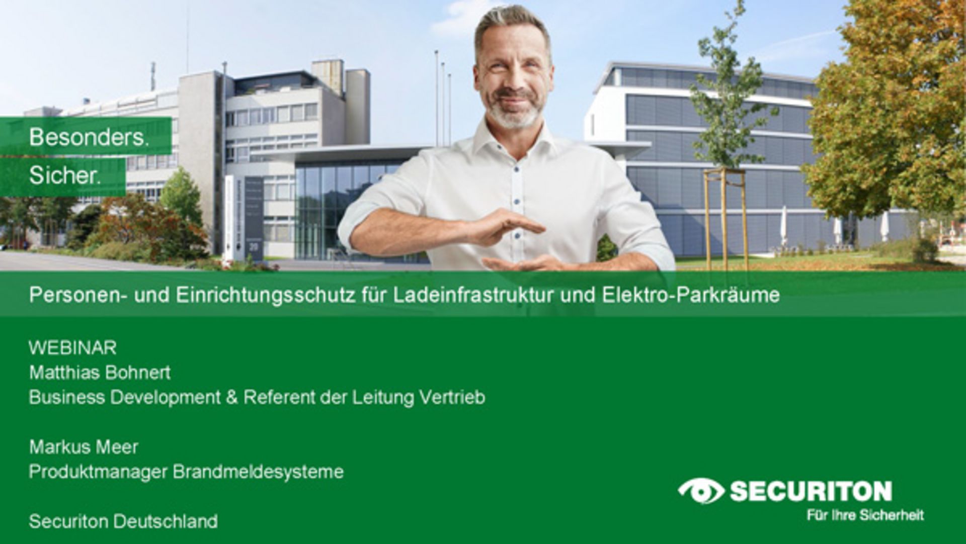 Die Startfolie des Webinars für Brandschutz und E-Mobilität 2020 mit Informationen über den Termin.