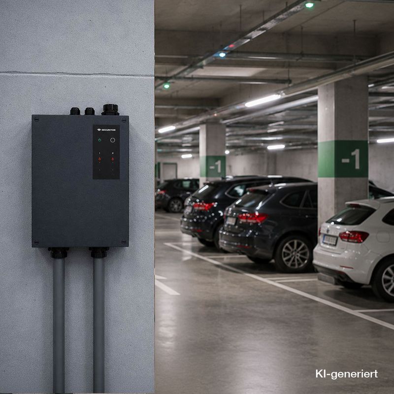 KI-generiertes Bild einer Tiefgarage mit mehreren geparkten Fahrzeugen. Im Vordergrund links ist der an einer Betonwand montierte Ansaugrauchmelder SecuriSmoke ASD 2000 von Securiton Deutschland zu sehen. Im Hintergrund erstrecken sich die Stellplätze und die technische Infrastruktur der Parkgarage.
