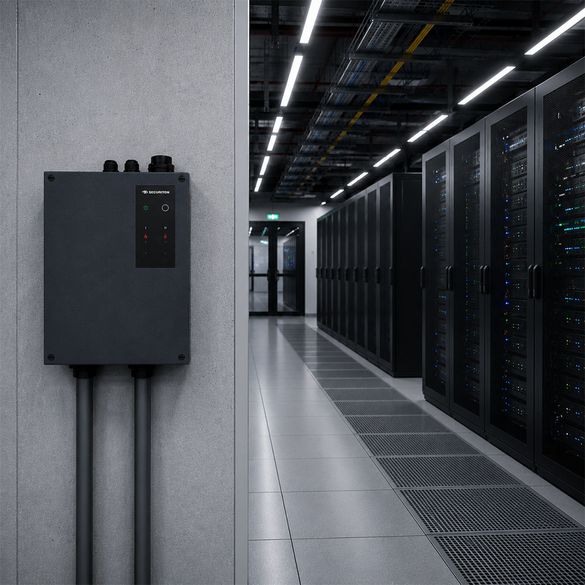 Das SecuriSmoke ASD 2000 ist links an einer Wand platziert. Rechts daneben, sieht man ein Rechenzentrum, welches vom SecuriSmoke ASD 2000 überwacht wird.