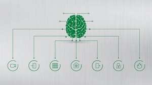 All unsere Produktbereiche (ersichtlich über die Icons), die mit dem Sicherheitsmanagementsystem verbunden werden können, sind mit einem Gehirn verbunden, welches für unser intelligentes Sicherheitsmanagementsystem steht.