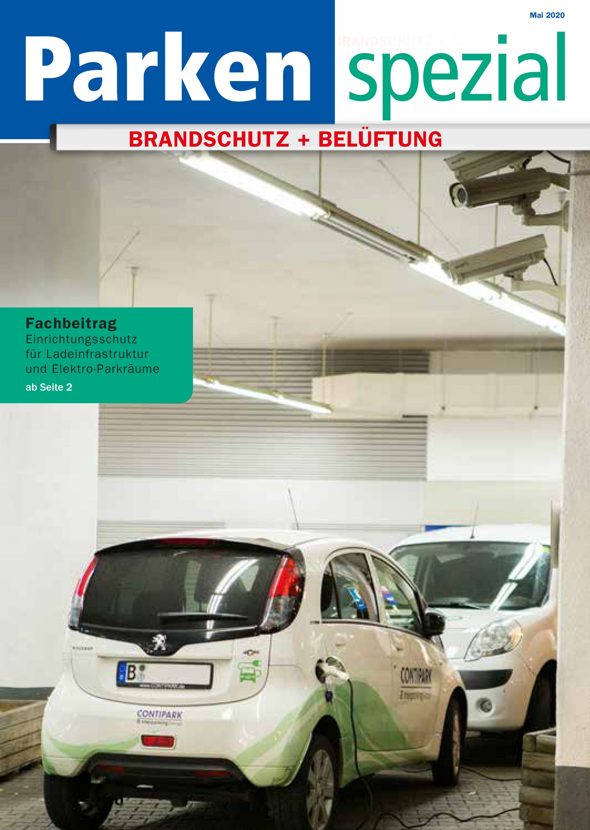 Das Cover von "Parken Spezial Brandschutz + Belüftung". Auf dem Cover ist ein E-Auto zu sehen, welches in einer Garage aufgeladen wird. 