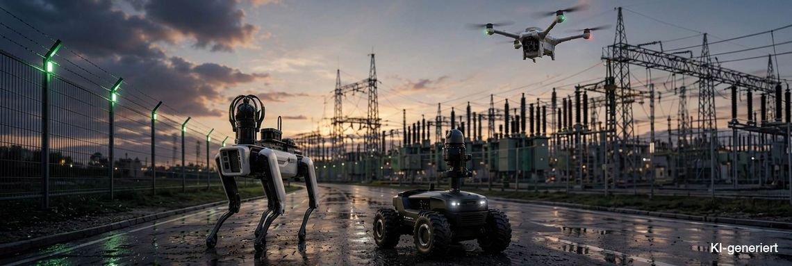 KI-generierte Darstellung eines autonomen Bodenroboters, eines vierbeinigen Roboters und einer Drohne bei der Überwachung eines Umspannwerks. Das Bild visualisiert den Einsatz mobiler Robotik im Perimeter- und Objektschutz.