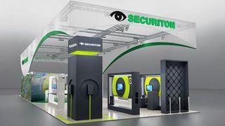 Auf dem Bild ist der Messestand von Securiton Deutschland für die Messe Security 2026 zu sehen. Vorne befinden sich viele graue Elemente, die Produkte abbilden, im Hintergrund wird viel mit den Farben weiß und grün gearbeitet.