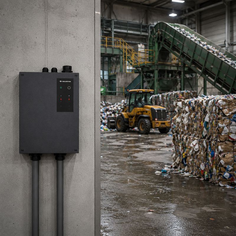 Das SecuriSmoke ASD 2000 ist links an einer Wand platziert. Rechts daneben, sieht man eine Müllindustrie, welche vom SecuriSmoke ASD 2000 überwacht wird.
