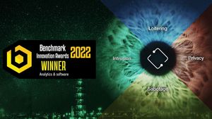 Links ist das Benchmark Winner 2022 Logo zu sehen. Rechts ist ein Kreis in vier Abschnitte aufgeteilt (oben steht Loitering, rechts Privacy, unten Sabotage und links Intrusion). Mittig befindet sich das Symbol des IPS-Logos, welches die vier Begriffe mit einander verbindet.