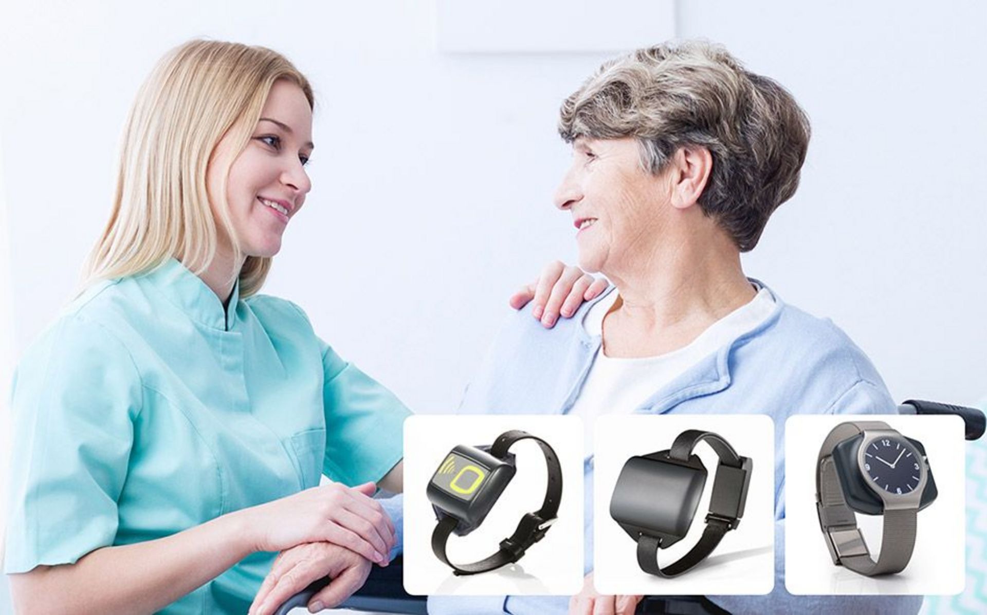 Eine Krankenschwester steht neben einer älteren Frau. Im Vordergrund sind drei mobile Notruf- und Ortungsgeräte zu sehen, die einer Smartwatch bzw. einer Armbanduhr ähneln.