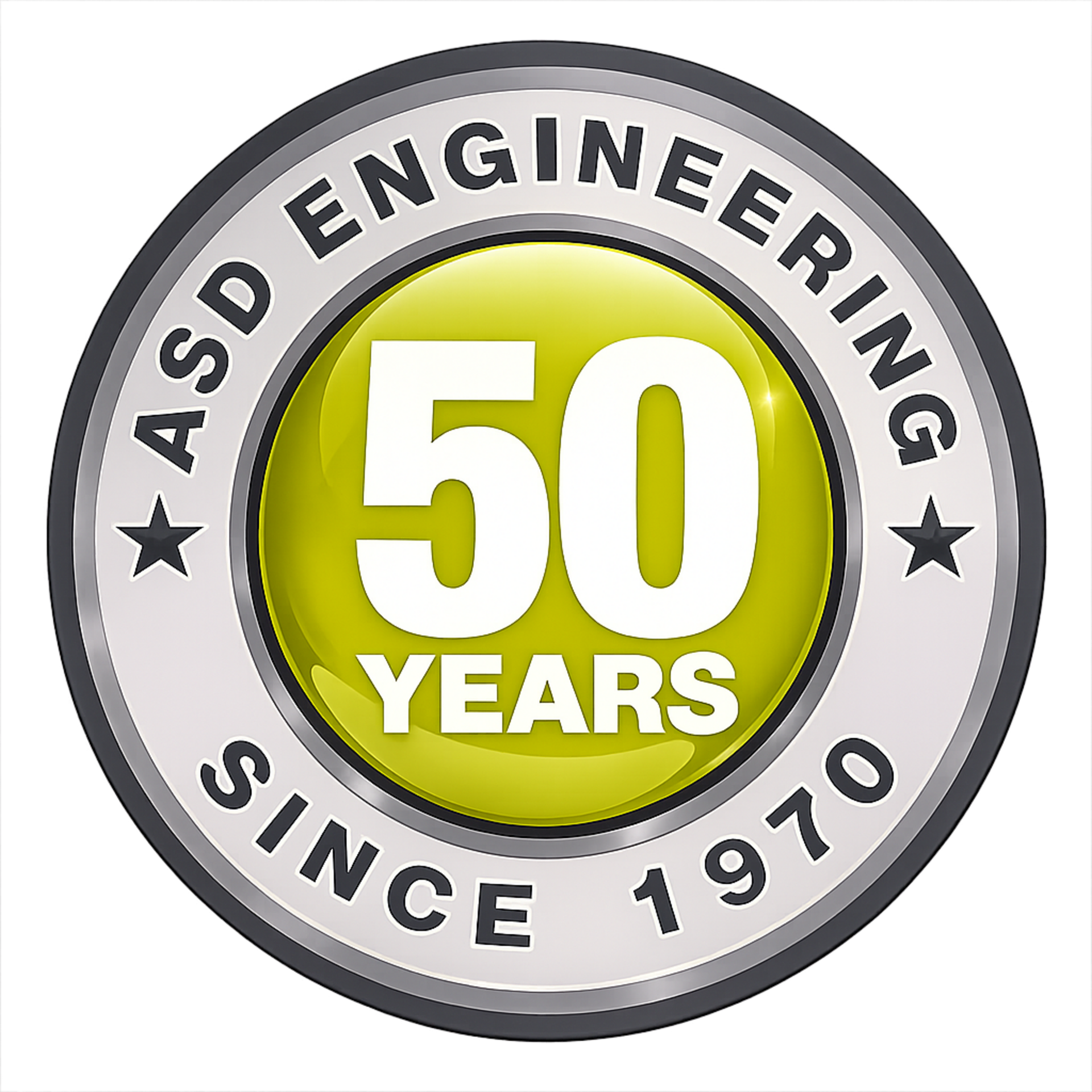 Rundes Jubiläums-Abzeichen in Gold und Grün mit der Aufschrift "ASD-Engineering 50 Year Since 1970", großer "50"-Zahl in der Mitte.