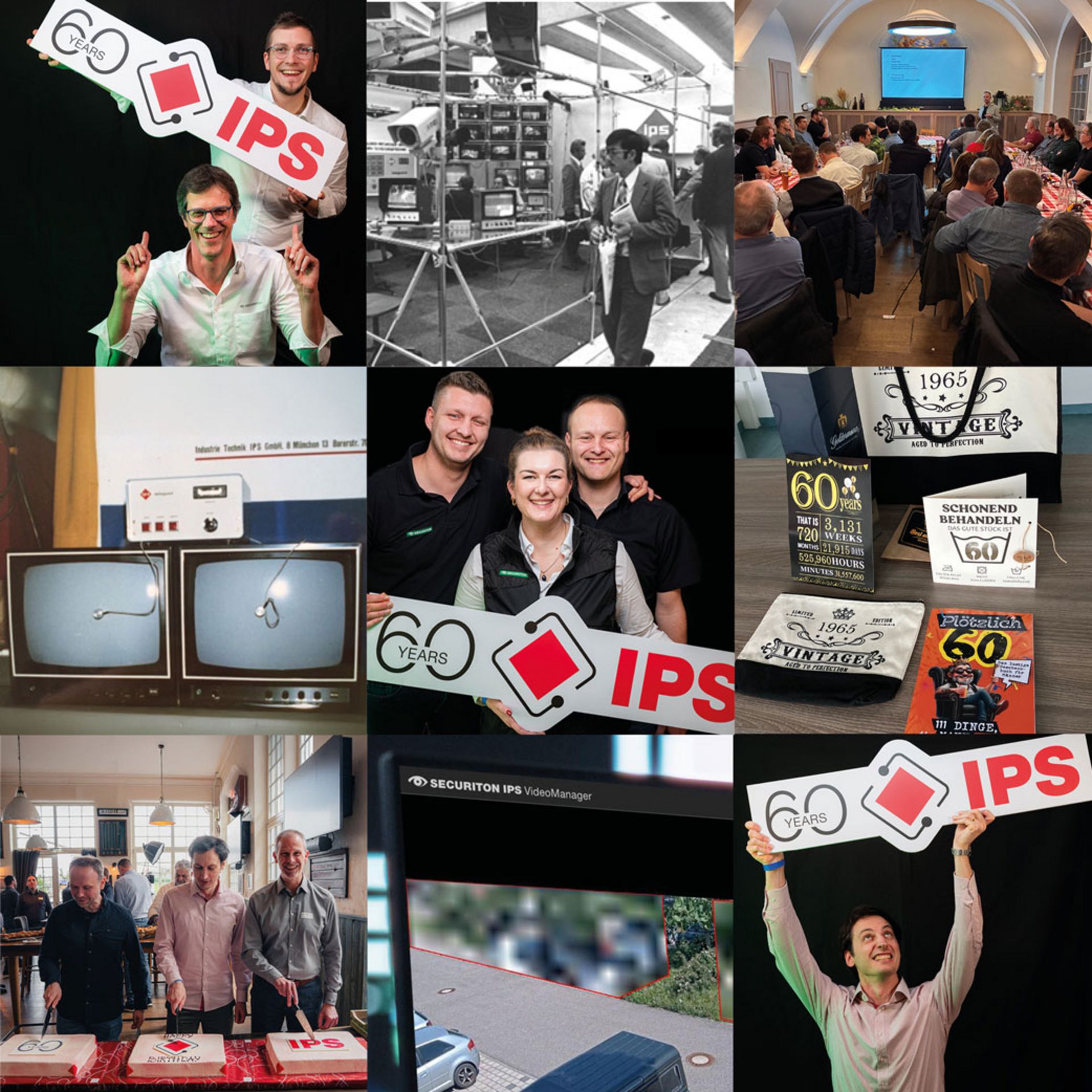 Eine Bilder-Collage aus insgesamt neun Bildern, die die Erfolge der letzten 60 Jahre von IPS, sowie die Geburtstagsaktivitäten des Jahres 2025 zeigen. 