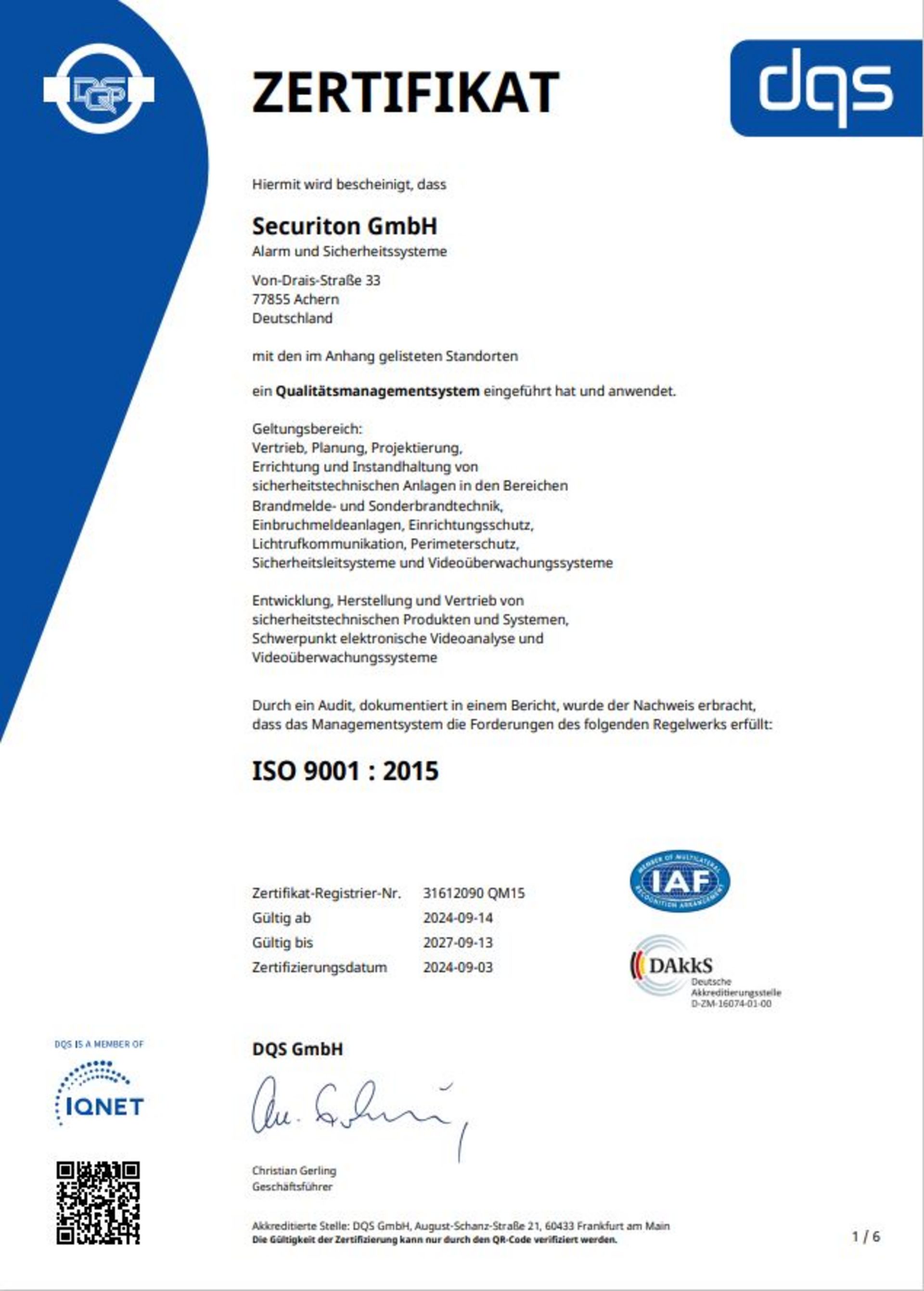 Zertifikat für das Qualitätsmanagementsystem