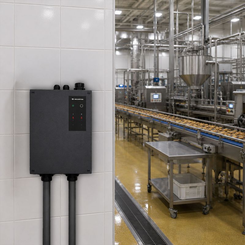 Das SecuriSmoke ASD 2000 ist links an einer Wand platziert. Rechts daneben, sieht man eine Lebensmittelindustrie, welche vom SecuriSmoke ASD 2000 überwacht wird.