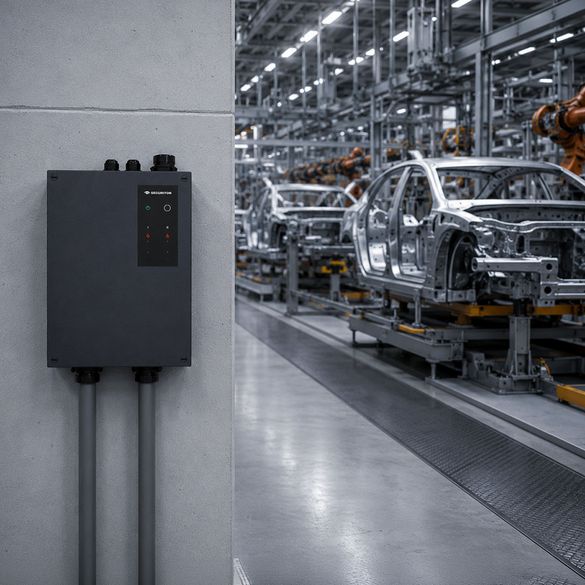 Das SecuriSmoke ASD 2000 ist links an einer Wand platziert. Rechts daneben, sieht man eine Automobilindustrie, welche vom SecuriSmoke ASD 2000 überwacht wird.