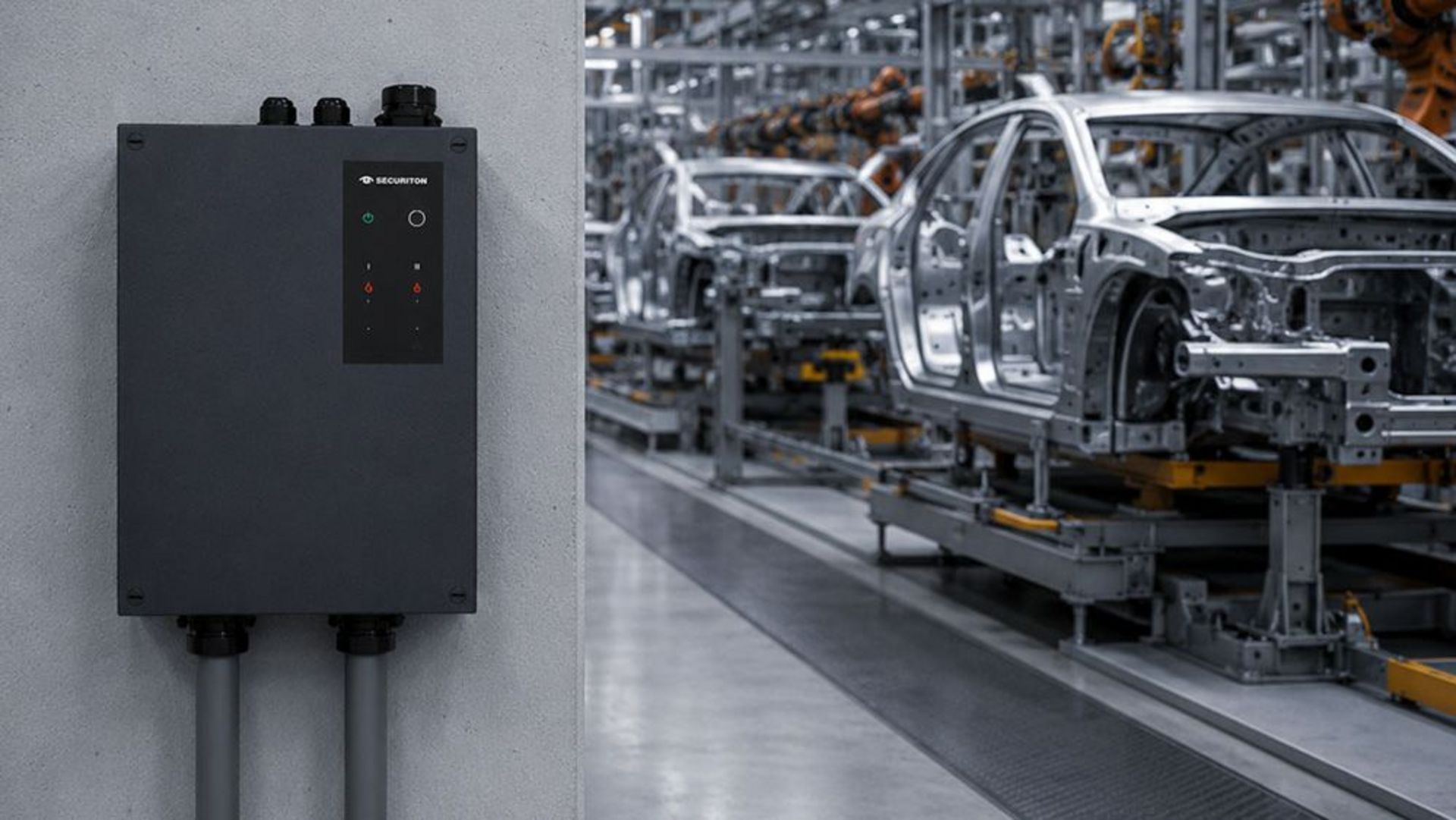 Links an der Wand hängt das SecuriSmoke ASD 2000, rechts daneben sieht man das innere einer Automobilindustrie, die das SecuriSmoke ASD 2000 überwacht. 