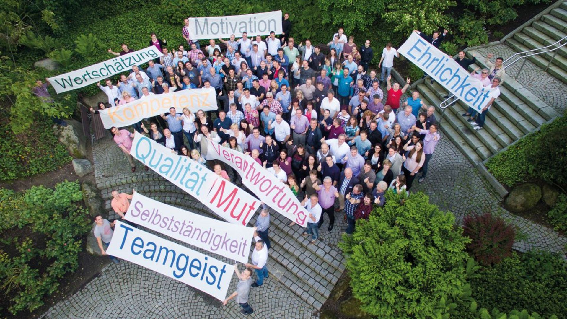 Ein Bild der Securiton Mitarbeiter, die verschiedene Schriftzüge mit den Securiton-Werten in die Luft halten. Die Werte sind beispielsweise Teamgeist, Wertschätzung oder Ehrlichkeit.