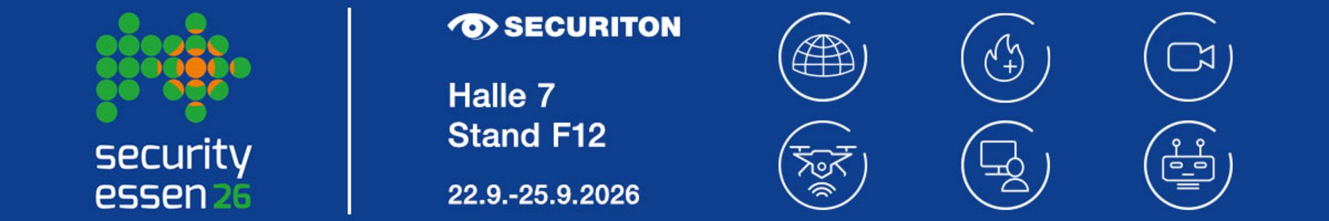 Grafik zur Security Essen 2026: Links das Messe-Logo aus grünen und orangefarbenen Punkten sowie der Schriftzug ‚security essen 26‘. Rechts davon eine vertikale Linie, daneben das Securiton-Logo und der Text ‚Halle 7, Stand F12‘. Rechts daneben Text sechs Icons, die die Bereiche Dome Security, Brand-/Sonderbrandmeldetechnik, Videosicherheit, Drohnensicherheit, Sicherheitsmanagementsysteme und Robotiksicherheit darstellen.