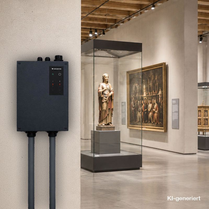KI-generiertes Bild eines Museums. Links im Vordergrund ist der Ansaugrauchmelder SecuriSmoke ASD 2000 von Securiton Deutschland installiert, im Hintergrund sind Kunstwerke und Ausstellungsvitrinen zu sehen.