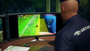 Eine Person erkennt in einem Bildschirm ein verdächtiges Verhalten einer Person, die vom Videosystem aufgezeichnet wird.