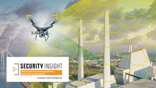 Eine Drohne fliegt in die Nähe einer digitalen Kuppel (Dome Security) und wird von dieser detektiert. Die Kuppel symbolisiert, dass die Drohne nicht in den geschützten Bereich eindringen kann. Links unten ist das Security Insight-Logo. 