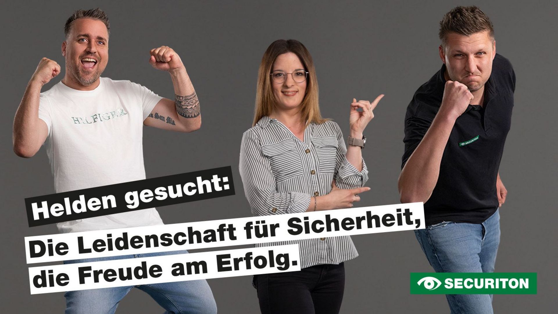 Drei Kollegen mit ihren Posen zum Thema "Die Leidenschaft für Sicherheit, die Freude am Erfolg."