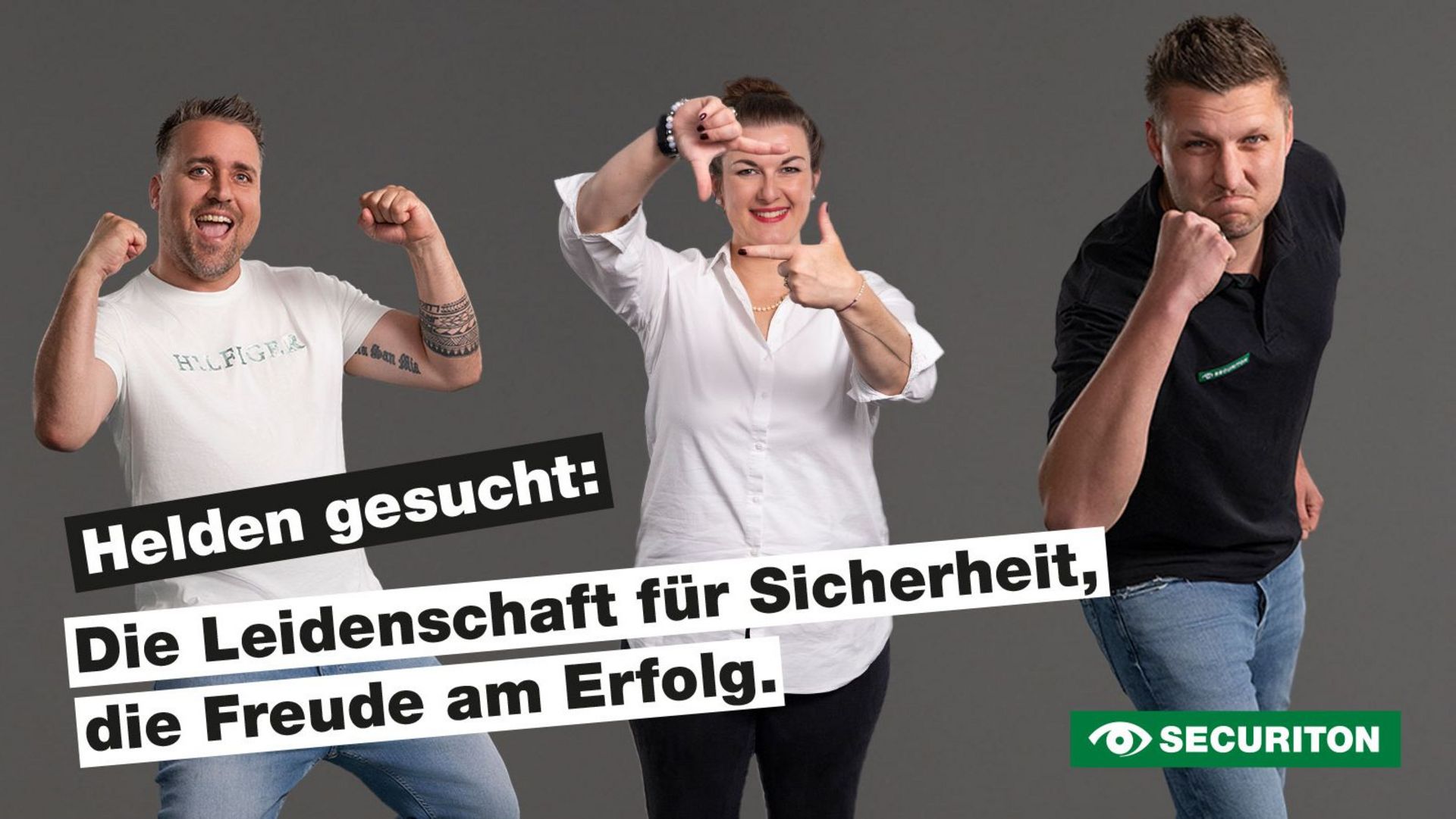 Drei Kollegen mit ihren Posen zum Thema "Die Leidenschaft für Sicherheit, die Freude am Erfolg."