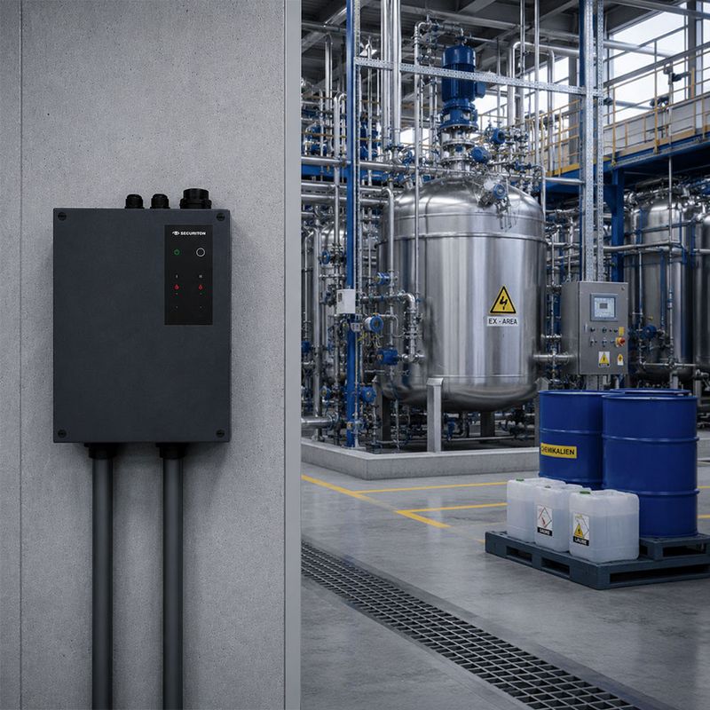 Das SecuriSmoke ASD 2000 ist links an einer Wand platziert. Rechts daneben, sieht man eine Chemieindustrie, welche vom SecuriSmoke ASD 2000 überwacht wird.