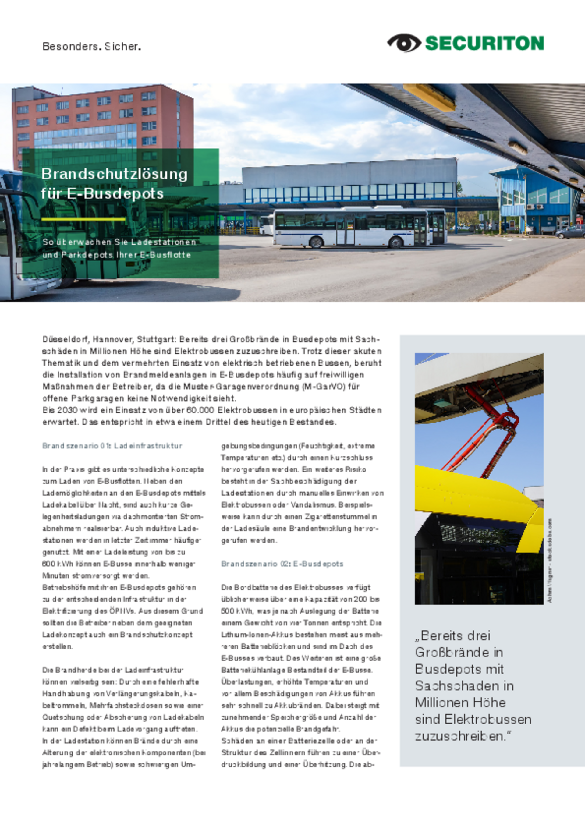 Ein Screenshot von der ersten Seite des Whitepapers "Brandschutz für E-Busdepots"