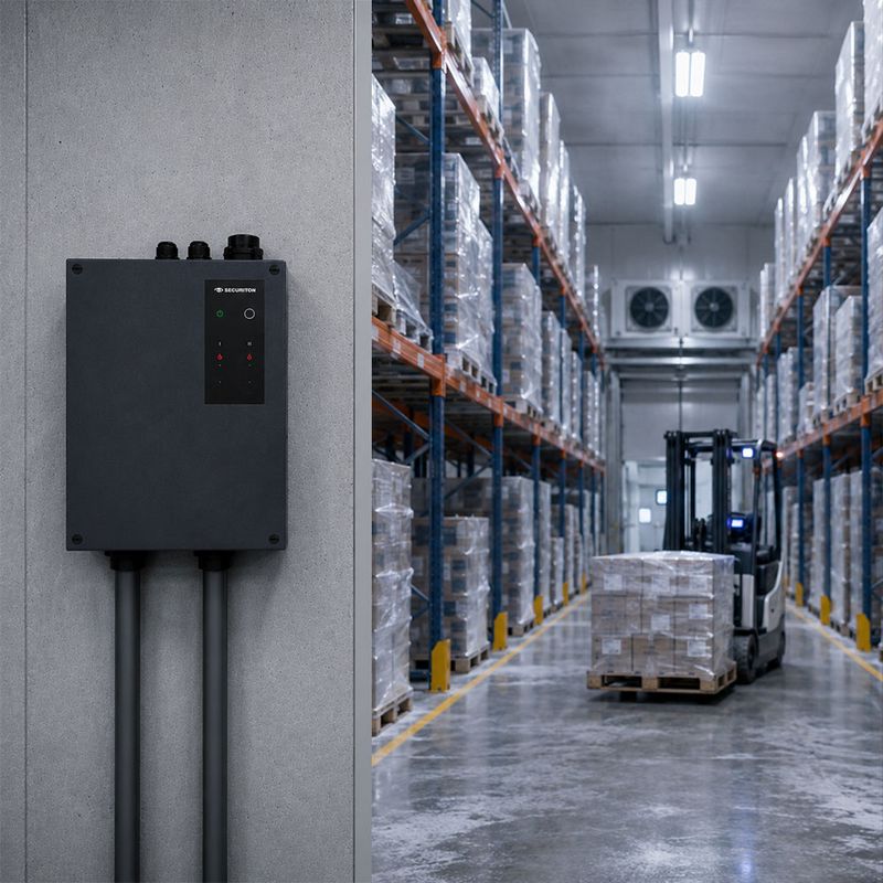 Das SecuriSmoke ASD 2000 ist links an einer Wand platziert. Rechts daneben, sieht man ein Tiefkühllager, welches vom SecuriSmoke ASD 2000 überwacht wird.