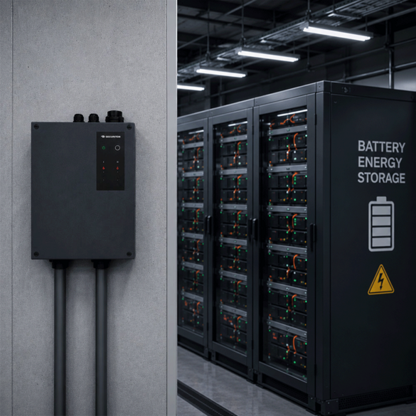 Das SecuriSmoke ASD 2000 ist links an einer Wand platziert. Rechts daneben, sieht man einen Batteriespeicher, welcher vom SecuriSmoke ASD 2000 überwacht wird.