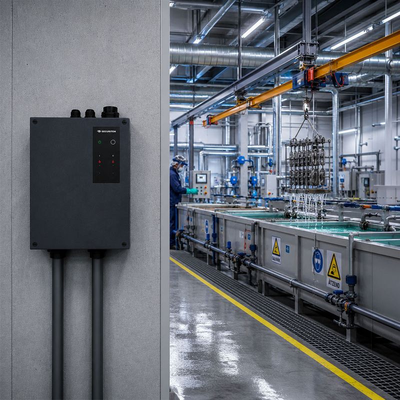 Das SecuriSmoke ASD 2000 ist links an einer Wand platziert. Rechts daneben, sieht man einen Galvanik-Bereich, welcher vom SecuriSmoke ASD 2000 überwacht wird.