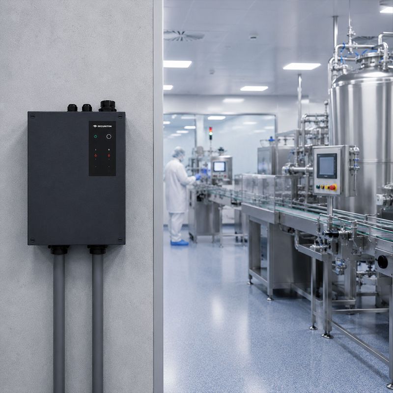 Das SecuriSmoke ASD 2000 ist links an einer Wand platziert. Rechts daneben, sieht man eine Pharmaindustrie, welche vom SecuriSmoke ASD 2000 überwacht wird.