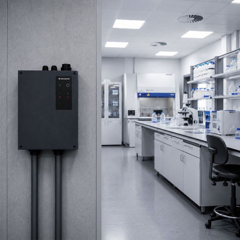 Das SecuriSmoke ASD 2000 ist links an einer Wand platziert. Rechts daneben, sieht man einen Laborraum, welcher vom SecuriSmoke ASD 2000 überwacht wird.