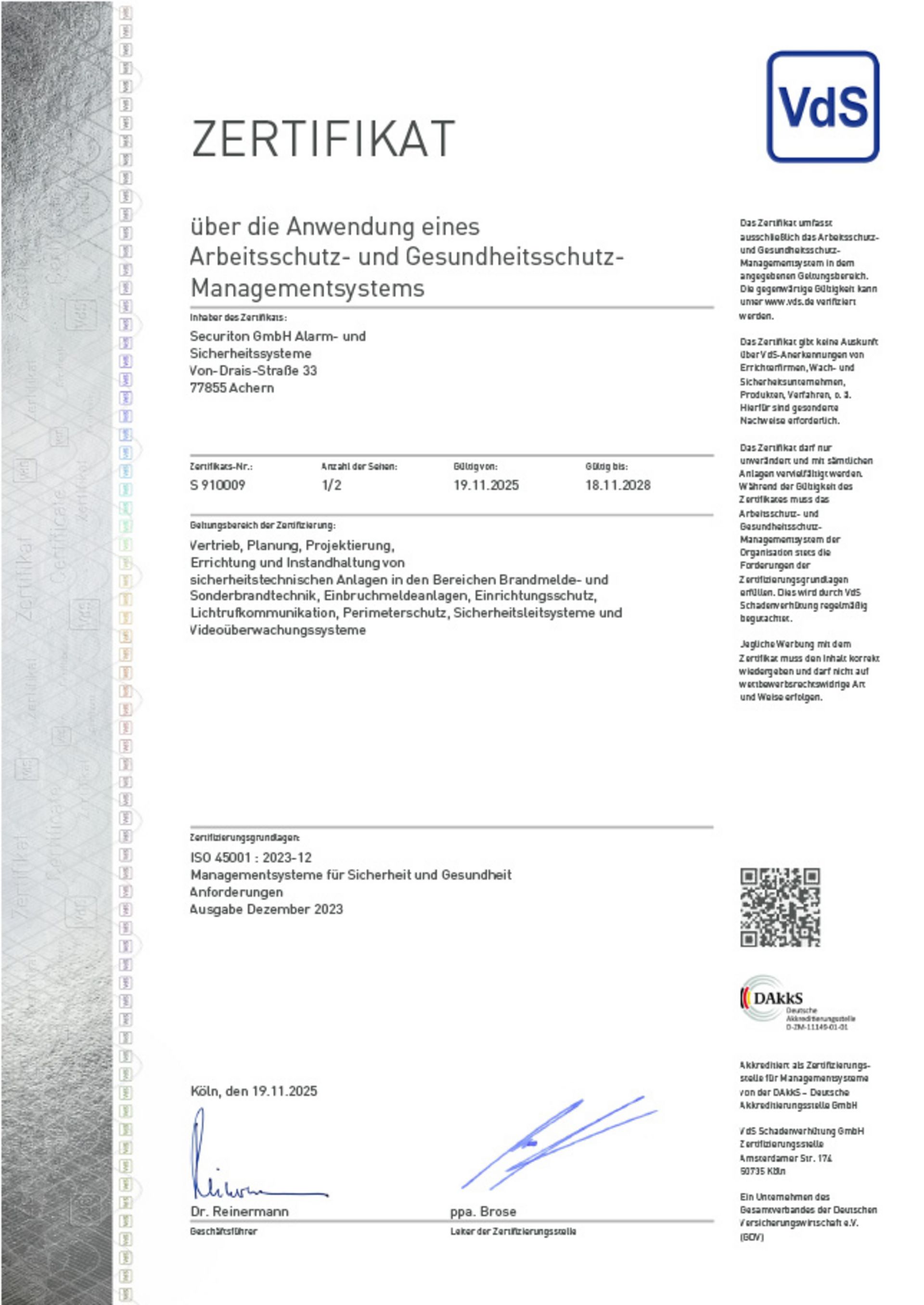 Zertifikat: Arbeitsschutz- und Gesundheitsschutz-Managementsystem für Securiton GmbH in Achern
