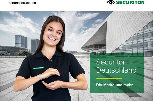 Cover des Markenbooklets von Securiton mit einer Frau, die die charakteristische Securiton-Geste zeigt.