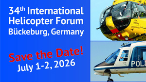 Auf dem Bild ist links der Text "34th International Helicopter Forum Bückeburg, Germany" zu sehen. Darunter steht "Save the Date! July 1-2, 2026". Rechts daneben sind zwei Bilder von Helikoptern.