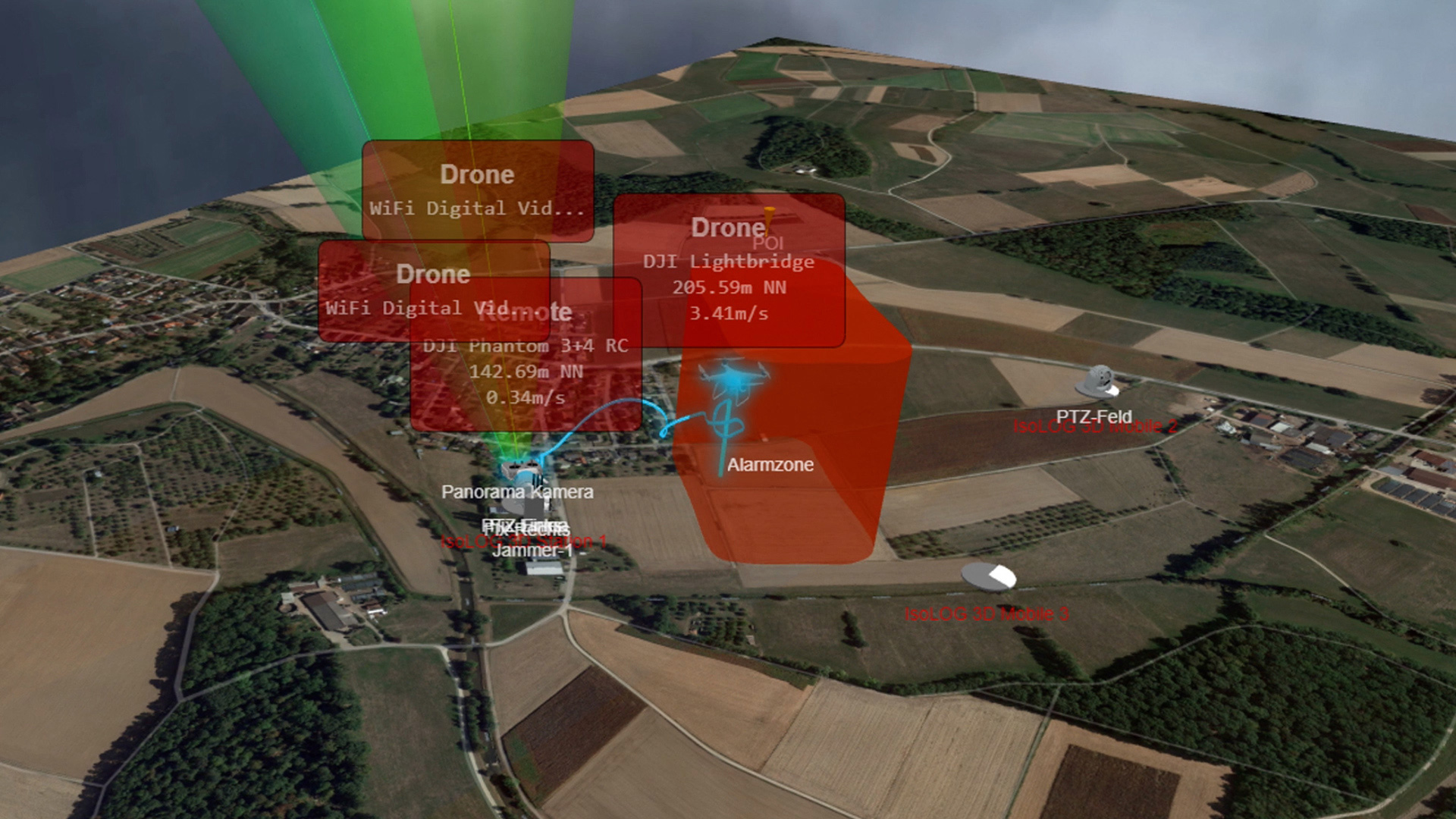 Das Bild zeigt die Oberfläche des Perimeter Management Systems Securi Drone Central. 
