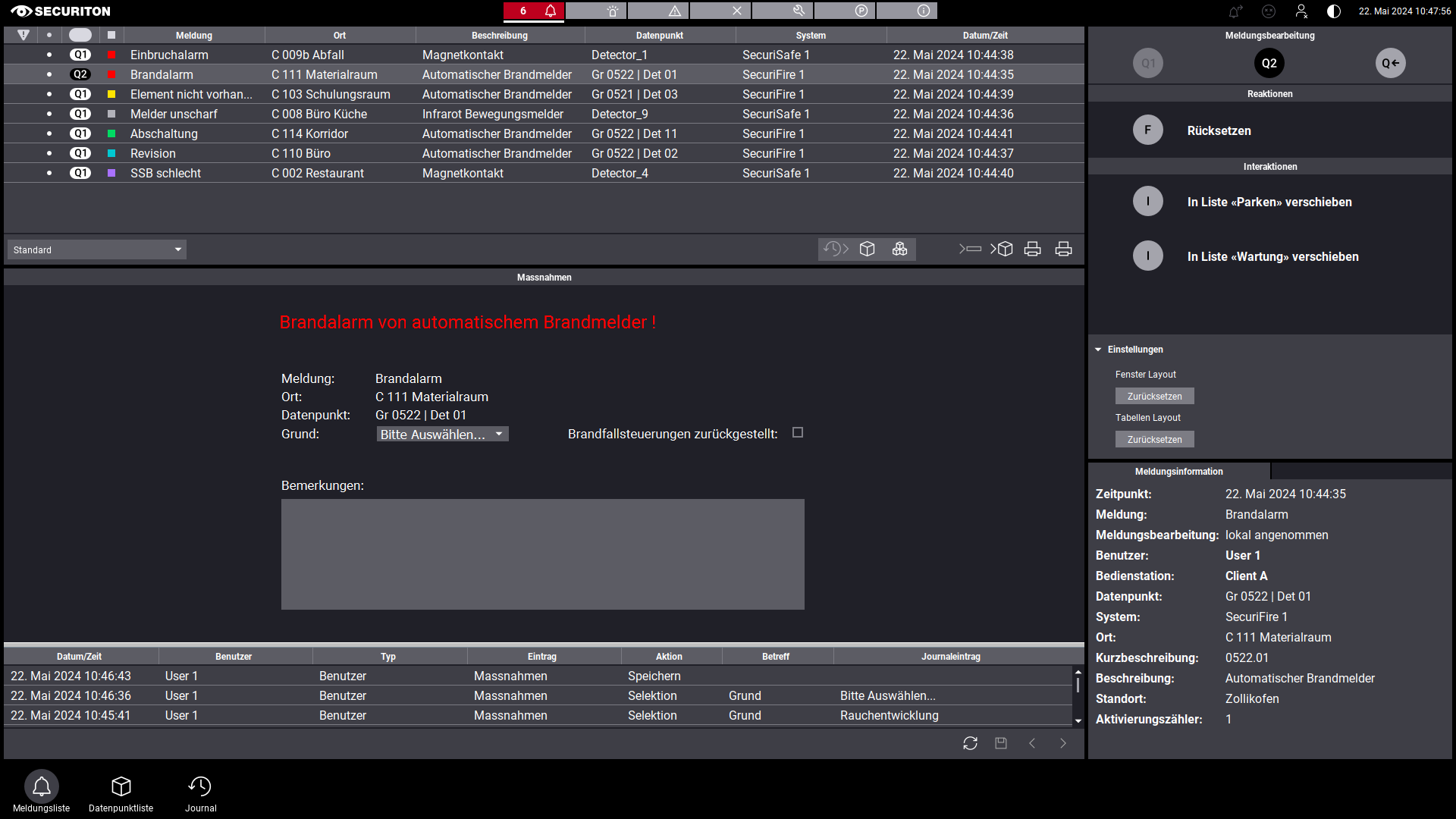 Meldungslisten Screen im Dark Mode